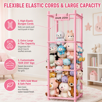 Tour de rangement pour animaux en peluche à trois niveaux en pin massif, 133 cm, avec cordon élastique, organiseur de jouets, capacité de plus de 50 peluches, plaque nominative personnalisée