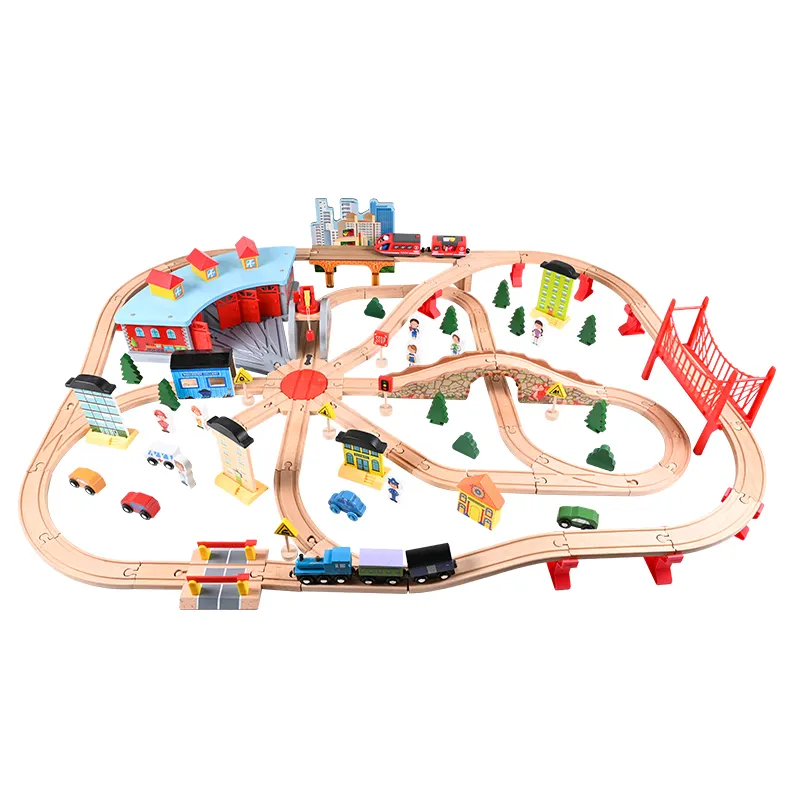 New arrival 118 Pcs Classic Wooden Train Track Set with wooden Trains, Railway Educational Toys for Kids