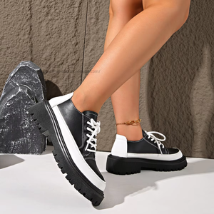 Color Block Autumn British Style Thick Heel Low Ankle Flats New Arrival Plus Size <b>Tie</b> <b>Back</b> Retro Small Leather Shoes - Product Image 2