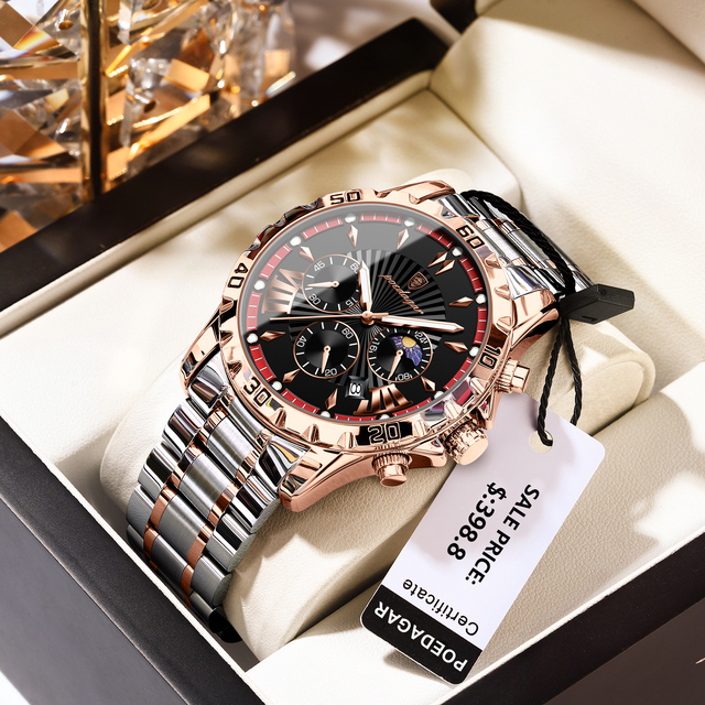 Poedagar 968 Men Wristwatch Waterproof Luminous Chronograph Quartz Watches Stainless Steel Watch for Men