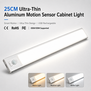 Lumière de placard sans fil ultra-mince en aluminium de 25 cm avec détecteur de mouvement, super lumineuse, à intensité variable, rechargeable, LED sous-placard, OEM ODM - Product Image 1