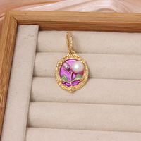 Pendentif fleur style peinture à l'huile Monet, peint à la main, perle d'eau douce, breloques de collier en cuivre haut de gamme