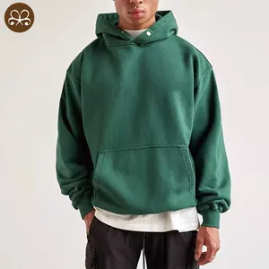 100% Cotton Green Heavy Weight Fleece No string Snap Button Oversized Hoodie with pocket for men