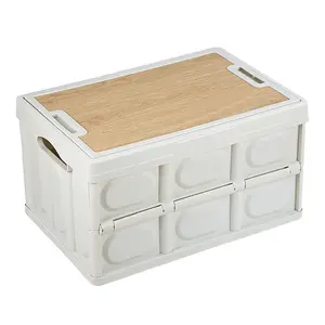 आउटडोर फोल्डेबल कार प्लास्टिक स्टोरेज डिब्बे, फोल्डिंग लकड़ी के ढक्कन वाला किचन कैंपिंग स्टोरेज बॉक्स