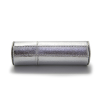 Boîte à maquillage cylindrique en PU argenté métallisé avec bouton-pression, mini étui de rangement cosmétique portable, organiseur de rouge à lèvres et de bijoux, logo personnalisé