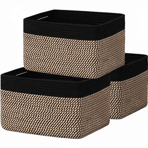 3-Pack Foldable Cotton Rope Square <b>Basket</b> Handles/Shelves | Dog Toy Shoe Storage | Baby <b>Gift</b> | New 13.5x11x9.5" (Black/Jute) - Product Image 1