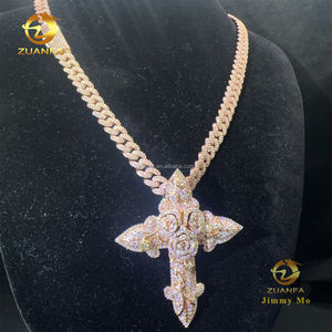 फैशन मैन गहने सोने का रंग हिप हॉप पेंडेंट s925 vs1 मोसानाइट डायमंड गुलाब क्रॉस पेलेंट क्यूबन चेन हार सेट - Product Image 1