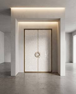 Porte d'entrée de villa de luxe à double battant, entièrement en aluminium, étanche, avec panneau texturé coquille de nacre et cadre or <span class=keywords><strong>champagne</strong></span> |   Palais Européen - Product Image 6