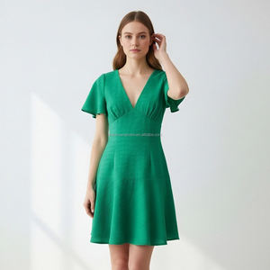 Abito Mini a Campana con Effetto Stropicciato Personalizzato per <span class=keywords><strong>Donne</strong></span>, Vestiti con Scollo a V Profondo per Signore - Product Image 2