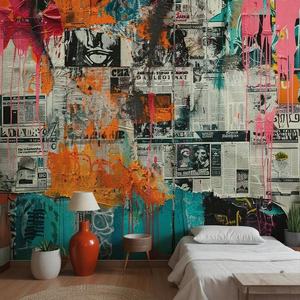 Street Art Urban Collage de journaux déchirés jumelé avec Vibrant Graffiti Art Mural Wallpaper - Product Image 4