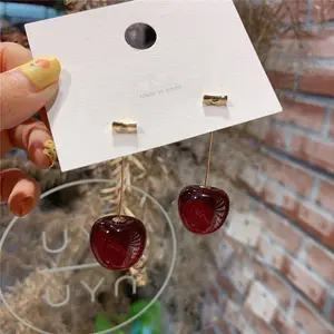 Vershal A4-799 18K Gold Plated Trendy Design Fruit Pendant Acrylic Red Cherry Long Dangle Earrings