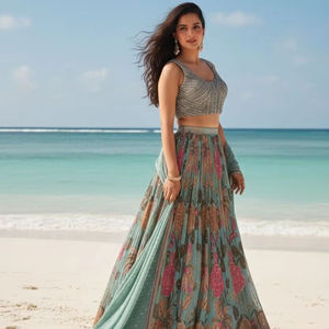 Nouvelle tenue de travail en georgette, lehenga et chemisier avec dupatta, exportateur et fournisseur indien, traditionnel indien - Product Image 3