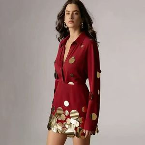 Nouvelle <span class=keywords><strong>collection</strong></span> A12130 : Ensemble haut court à manches longues à simple boutonnage + jupe patchwork à sequins - Product Image 1