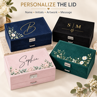 Boîte à bijoux rectangulaire en velours suédé avec logo personnalisé, organiseur de bijoux à 2 niveaux, étui de rangement avec tiroir et crochets pour colliers et bagues
