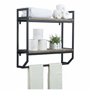 Montado en la pared Metal Superficie de bambú Estantes de almacenamiento de baño Organizador de baño de bambú Colgador de toallas - Product Image 1