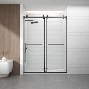 Paroi de douche moderne en verre <span class=keywords><strong>noir</strong></span> mat à cadre fin, système de glissière silencieux et fluide, installation facile, taille personnalisable - Product Image 1