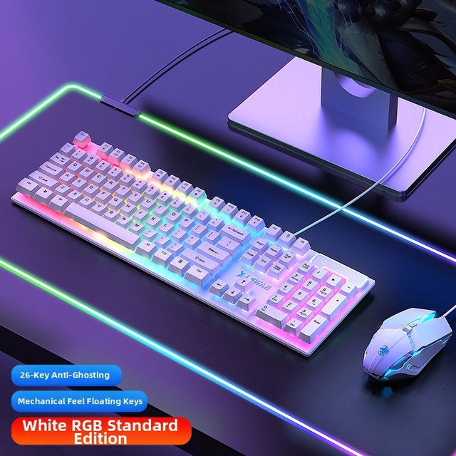 Wired Ergonomic Gaming Mechanical Keyboard Mouse Set USB 1600 DPI 104-Key ABS Keycaps RGB Background Light White Rainbow Stock