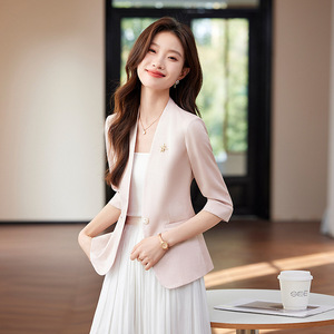 Pink Three Quarter Sleeve Blazer For Women Summer Thin Collarless Slim Fit Elegant Casual Solid Color Polyester Breathable - Product Image 1