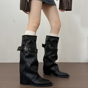 Sepatu Bot Wanita Ujung Runcing Setinggi Lutut dengan Wedge Tersembunyi, Gesper Ganda, Model Lipat, Bahan Kulit Suede, Gaya Western, 3 Warna. - Product Image 4