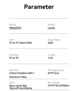 YesIDo CA190 1.2M PD 60W ชาร์จเร็ว Type-C ถึง Type-C สูงสุดด้วยสายเคเบิลข้อมูลแบบถัก480Mbps - Product Image 5