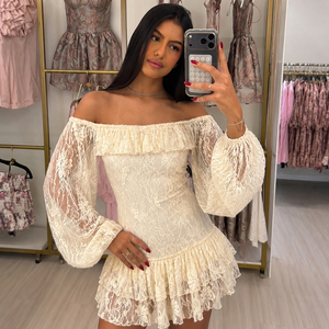 French Elegant Lace Patchwork Sheer <b>Lantern</b> Sleeve Off Shoulder Backless Tie Detail Pure Tiered Midi Dress for Women - Product Image 5