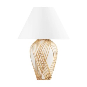 Lampe de table bohème en rotin naturel tressé et céramique blanche |   Éclairage naturel confortable pour les chambres d'hôtel et les espaces de loisirs des complexes hôteliers - Product Image 1