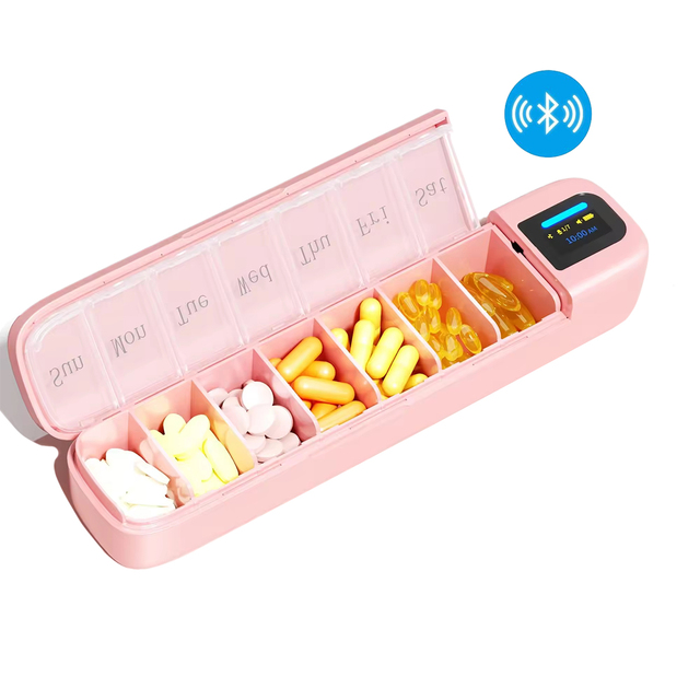 2026 Smart BT Automatic Pill Dispenser 7-Days Medication Organizer Lights Indicate Sound Reminder Alarm & Phone Notification