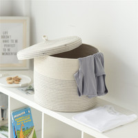Panier de rangement tressé avec couvercle en corde de coton, petit et grand, blanc, pour la maison, la crèche, la lessive et les jouets d'enfants