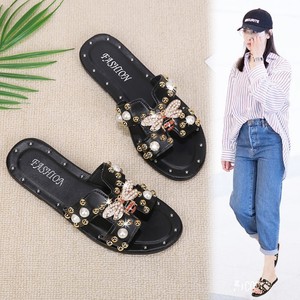 Sandalias Planas de Verano con Lazo de Diamantes de Imitación y Perlas, Estilo Casual y Elegante para Mujer - Product Image 1