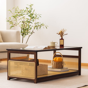 Rectangular Rattan And Glass <b>Coffee</b> <b>Table</b> Tempered Glass Top Solid Wood Nordic Style Living Room Home Use - Product Image 2