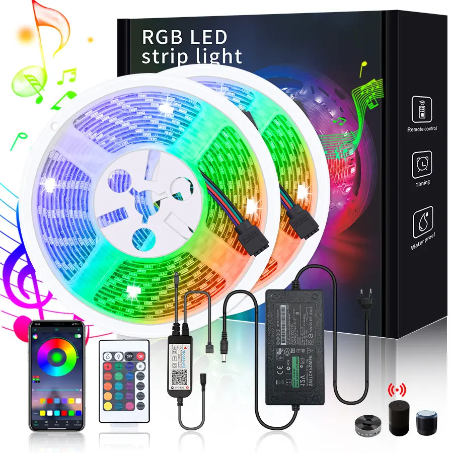 2023 뜨거운 판매 12V 50ft 15M 5050 RGB 음악 동기화 색상 변경 원격 App 제어 유연한 스마트 Led 스트립 빛