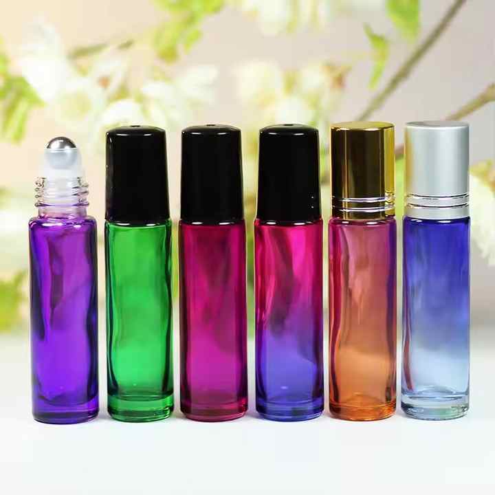 Mini 5ml 8ml 10ml Gradient Coloured Frosted Matte Finish Empty Roll on Glass Essential Oil Bottle with Metallic Rose Gold Cap