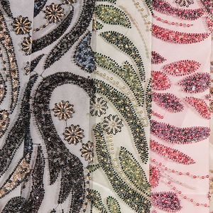 Заводская изготовленная на заказ Тюлевая кружевная ткань из органзы, жаккардовая ткань, разноцветная красная кружевная ткань с бусинами - Product Image 6