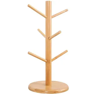 Home Kitchen Nordic Bamboo Cup Holder Wooden Mug Stand Removable Tree Coffee Tea Cup Organizer Hanger Holder With 6 Hooks