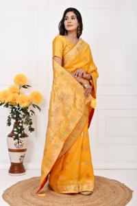 Amarillo Diseñador Saree Colección H o seda trabajo hecho a mano cutwork borde contraste blusa trabajo hecho a mano mujeres precio al por mayor - Product Image 6