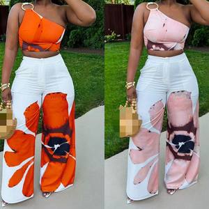 Damen Bedrucktes One-Shoulder Slim Top mit Weiten Hosen Lässiges 2-Teiliges Set - Product Image 1