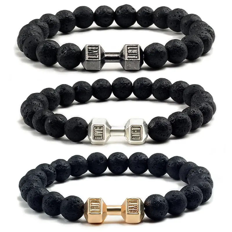 Haute qualité hommes Fitness haltère Bracelet perlé naturel pierre de lave noire haltère bracelets porte-bonheur mode femmes bijoux