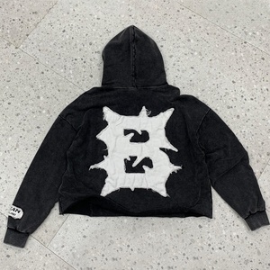 Sweat à capuche court vintage 100 % coton de haute qualité, broderie graphique noire de designer, pour homme, effet délavé à l'acide - Product Image 1