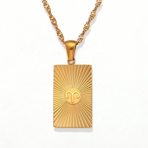 Collier personnalisé pour femme, pendentif en acier inoxydable plaqué or 18 carats, motif soleil gravé, signe du zodiaque, coupe émeraude, tendance, pour soirée - Product Image 6