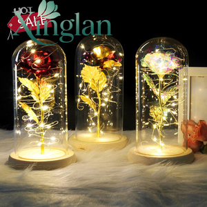 Regalo Artificial <span class=keywords><strong>para</strong></span> el Día de San Valentín, Rosa Mágica Dorada con Luz LED, Rosa con Hojas de Oro de 24k, Flor Decorativa en Cúpula de Cristal con Luz - Product Image 1