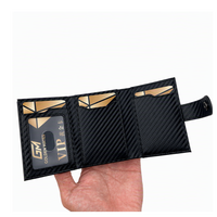 Dompet Pop Up Kulit PU Serat Karbon Kustom dengan Pelindung RFID, Tempat Kartu Aluminium Pop Up, dan Resleting
