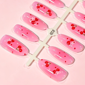 30 faux ongles à presser longs en amande, motif cerise rose à pois, design fruit mignon, réutilisables, pour l'été et le quotidien - Product Image 5