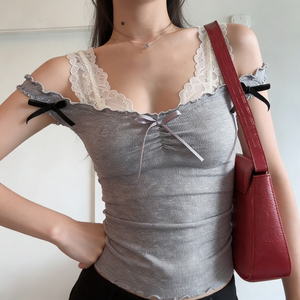 T-shirt décontracté en maille respirante à col en V pour femme, avec dentelle et nœud plissé sur le devant, manches courtes, collection été 2026 - Product Image 5