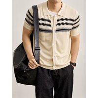 Chemise Polo en Maille à Manches Courtes, Col Rabattu, Cardigan Style Fair Isle, Style Old Money, Business, Été, Vente en Gros Transfrontalière Directe Usine