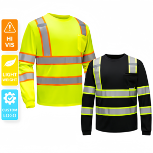 Maglietta di Sicurezza Alta Visibilità Nera e Gialla a Maniche Lunghe con Strisce Riflettenti, T-Shirt da Lavoro per Edilizia per Uomo - Product Image 1