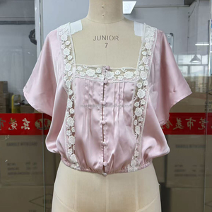 Blusa <span class=keywords><strong>de</strong></span> Satén con Encaje Recortado Personalizada para Mujer, Top Vintage Estilo Boudoir - Product Image 4