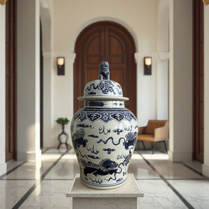 Tarro de templo Chinoiserie grande Vintage con diseños de perro Foo, tarros de jengibre de León azul y blanco Chinoiserie grande, tarro con tapa <span class=keywords><strong>Shenlong</strong></span> - Product Image 2