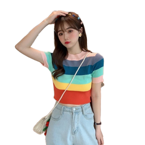 T-shirt décontracté pour femme à col rond et manches courtes, en tricot satiné, respirant et rayé, idéal pour l'hiver – Vente en gros - Product Image 1