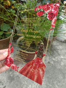 5X7IN Red Flower Clear Birthday Acrylic <strong>Invitations</strong> Cards Personalized UV Princess <strong>Girl</strong> Print Wedding Sweet 16 <strong>Party</strong> Invites - Product Image 2