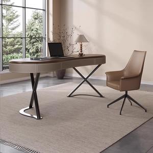 Escritorio de madera maciza de cuero de sillín Simple moderno de lujo de gama alta con cuero de nogal para estudio en casa dormitorio Oficina - Product Image 3